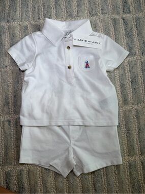 Janie and Jack White Polo Shirt and Shorts Set with Embroidered Bunny